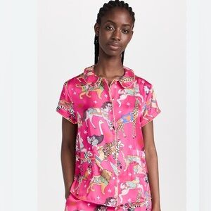 Anthropologie Karen Mabon carousel pajama top satin S pink short sleeve